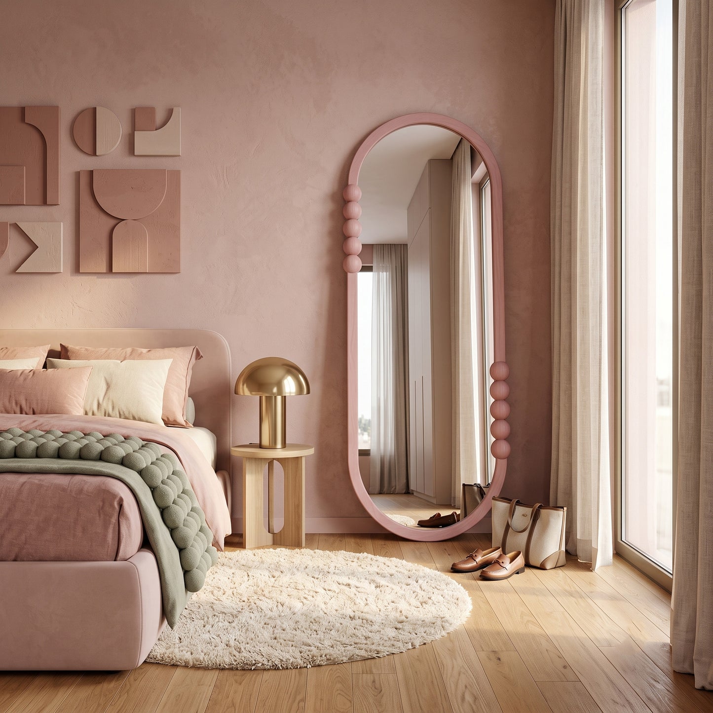 Wooden Mid-Century Mirror 'Noemi' - Pink - 160 x 60 cm