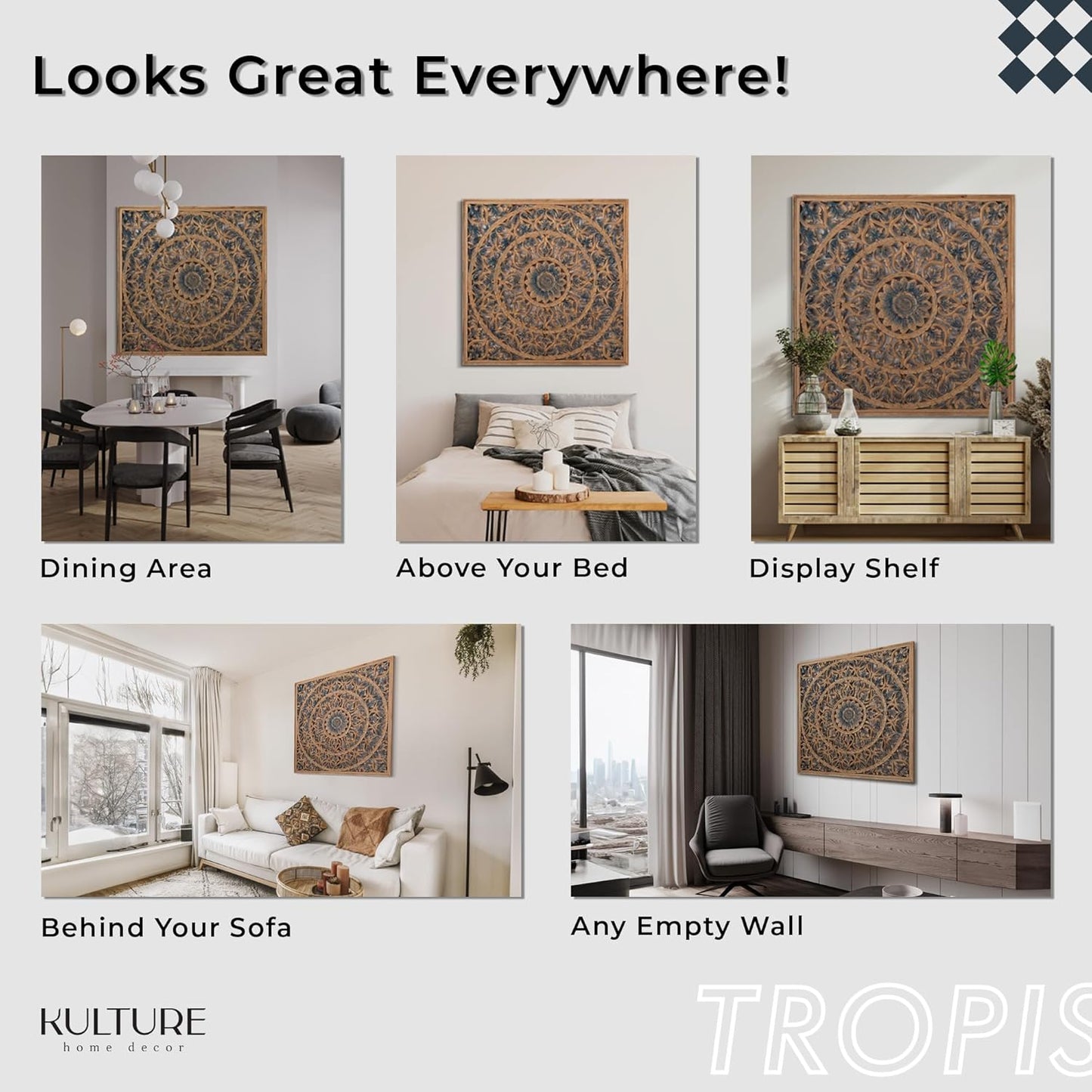 Carved Decorative Panel "Tropis" in Blue & Brown Wash - 100 x 100 cm