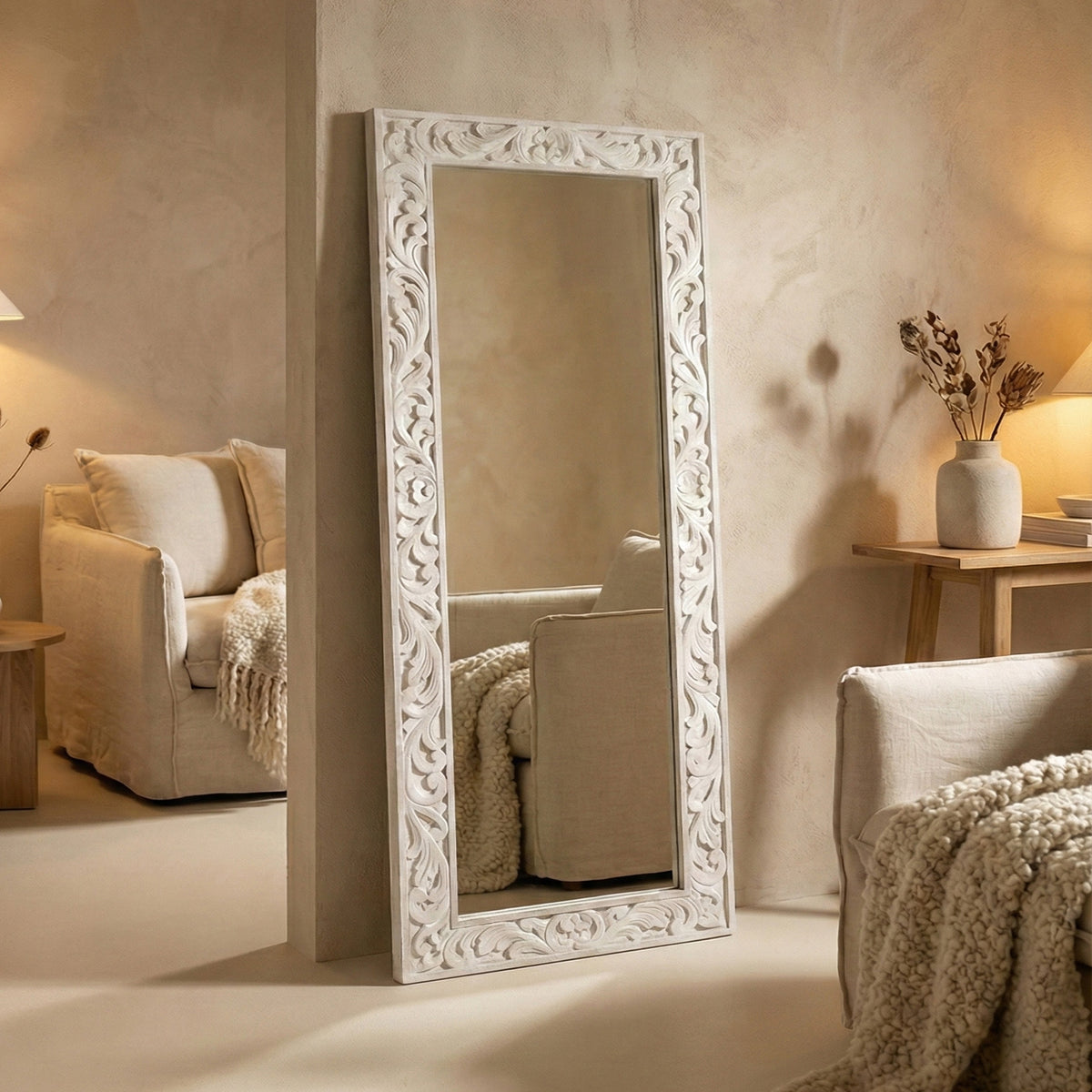 Hand Carved Wooden Mirror "Asmara" in White - 150 x 90 cm
