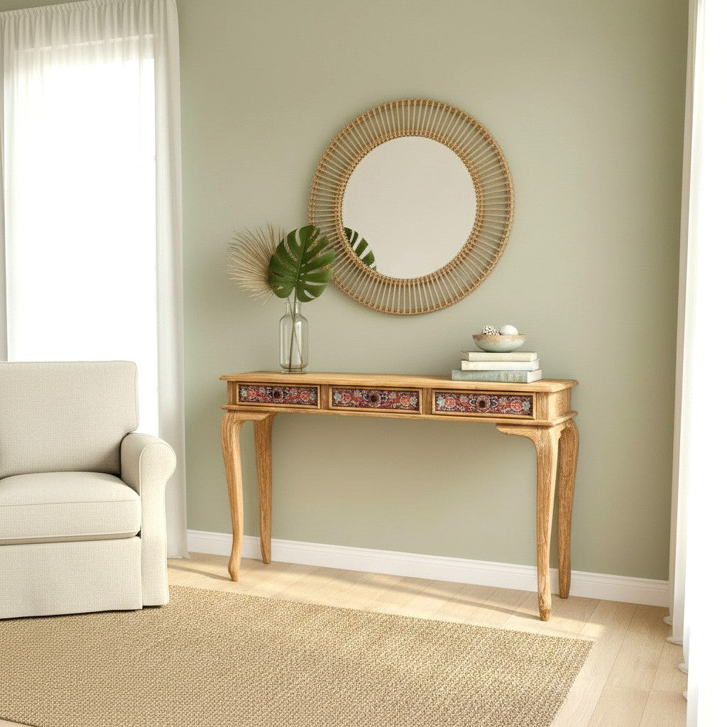 Wooden Carved Console Table "Lombok" - Red & Blue Wash - 120 cm