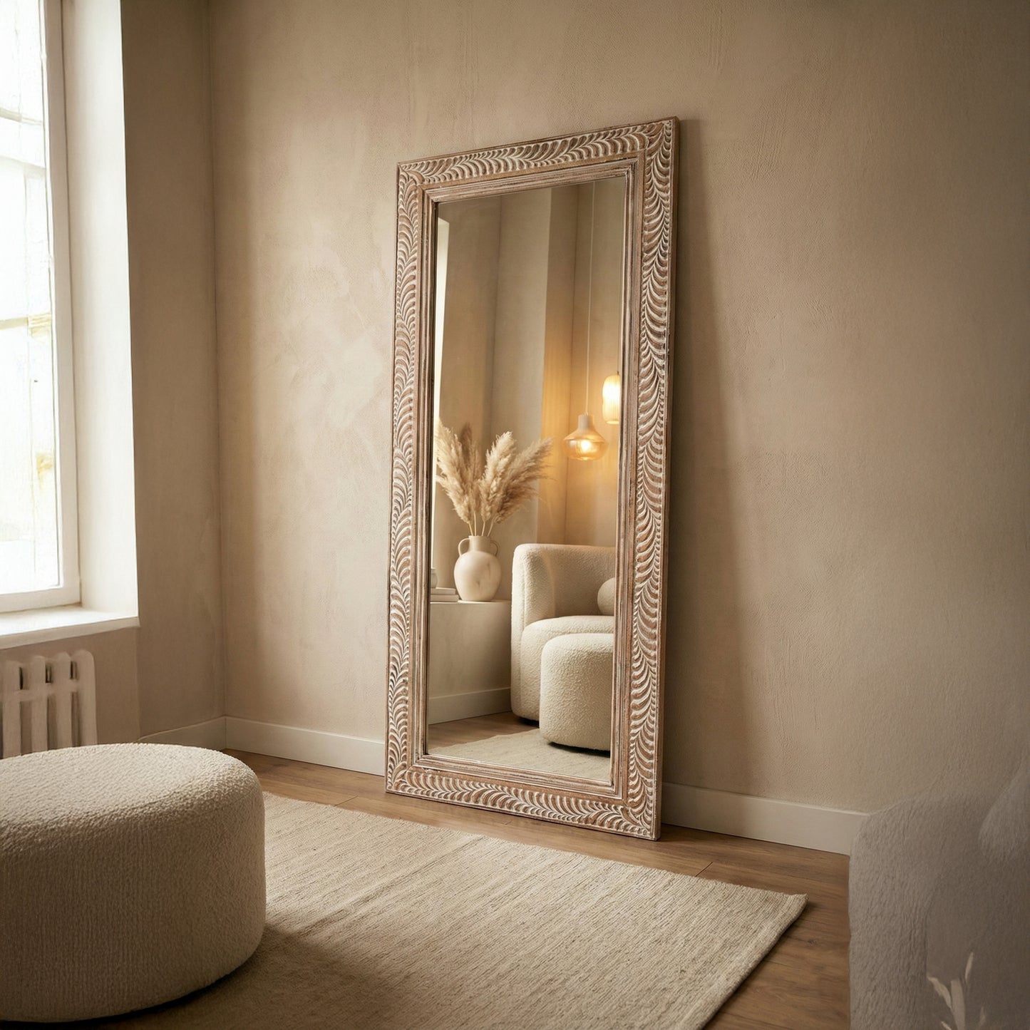 Hand Carved Mirror "Dumogi" - Natural Wash - 150cm