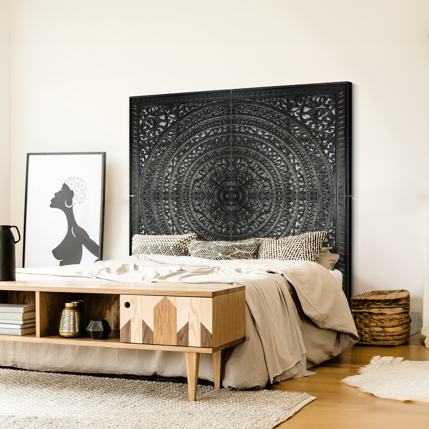 Carved Full Bed Headboard "Kusuma" in Black