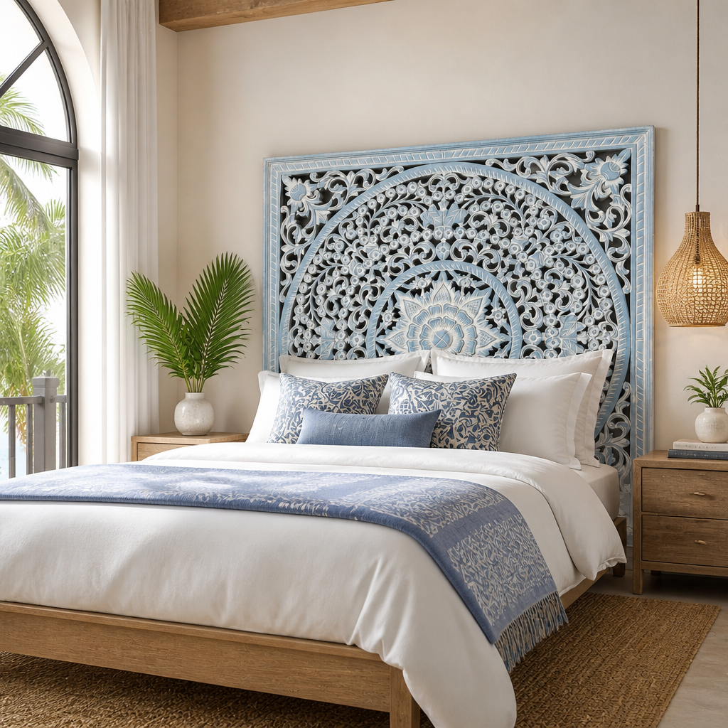 Carved Bed Headboard "Peony" in Light Blue Wash