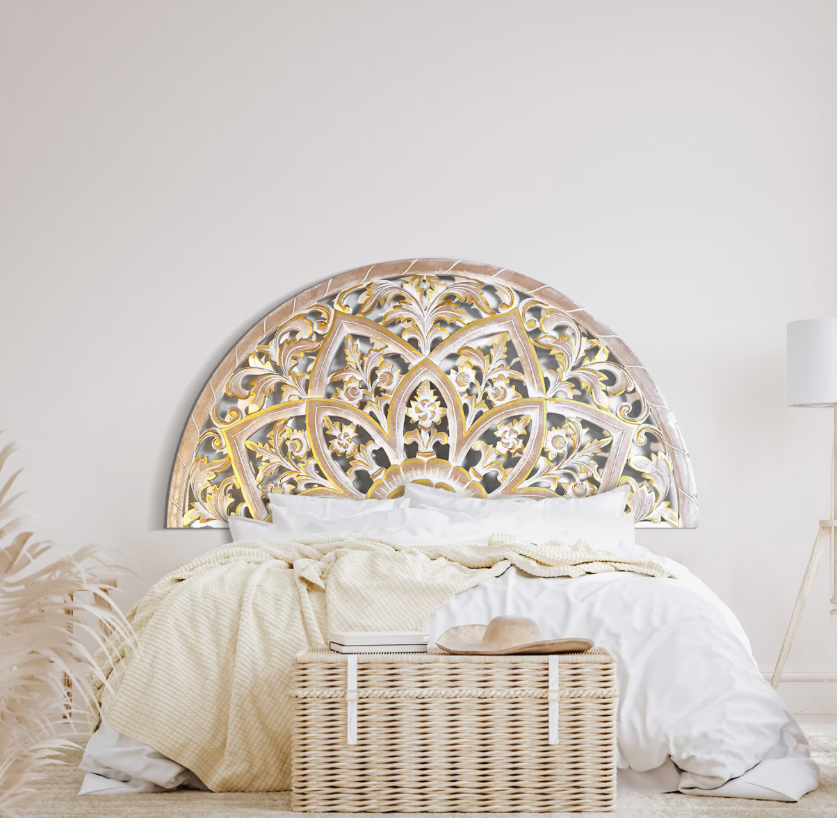 Hand Carved Half-moon Bed headboard 'Bunga' - in Antique Gold