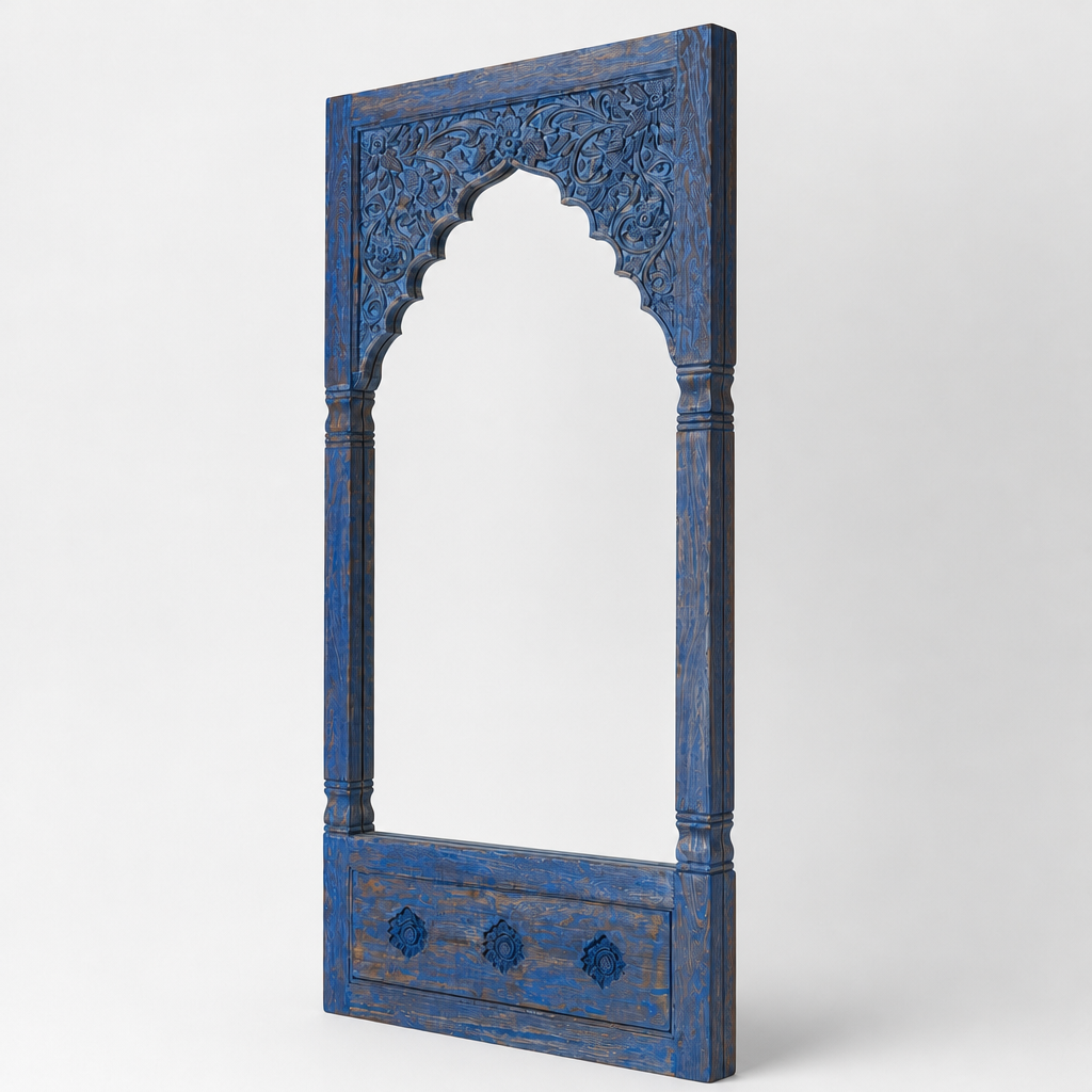 Hand Carved Wooden Mirror 'Vimala' - Distressed Blue - 200 x 100 cm