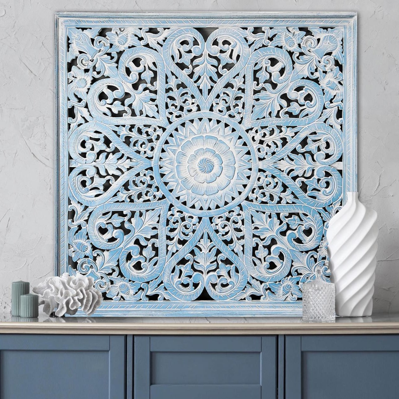 Carved Decorative Panel "Jantung" - Blue Wash - 100 cm