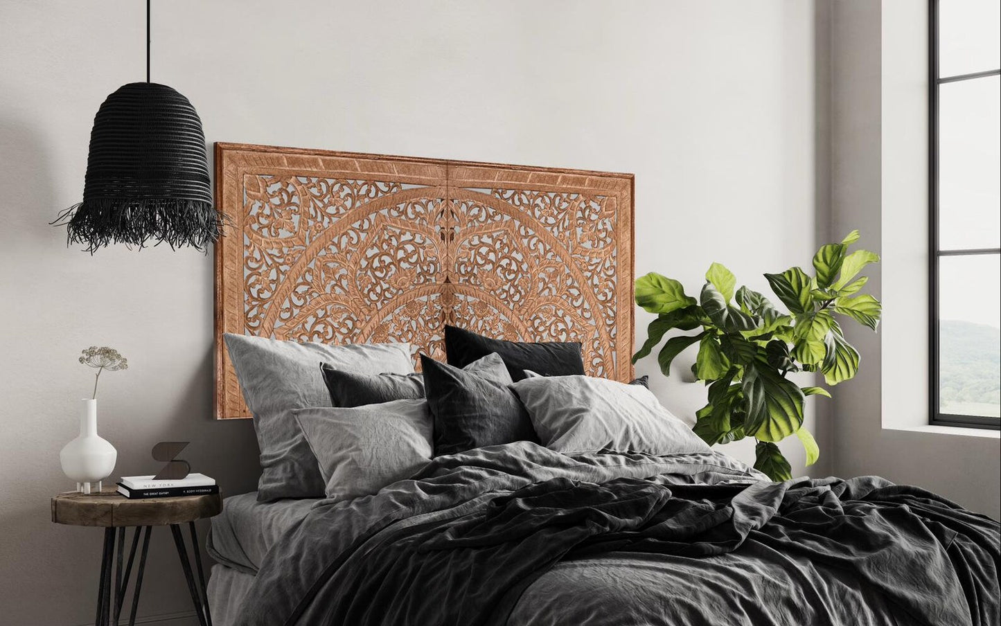 Half cut Carved Bed Headboard "Manusa" - Natural - USA