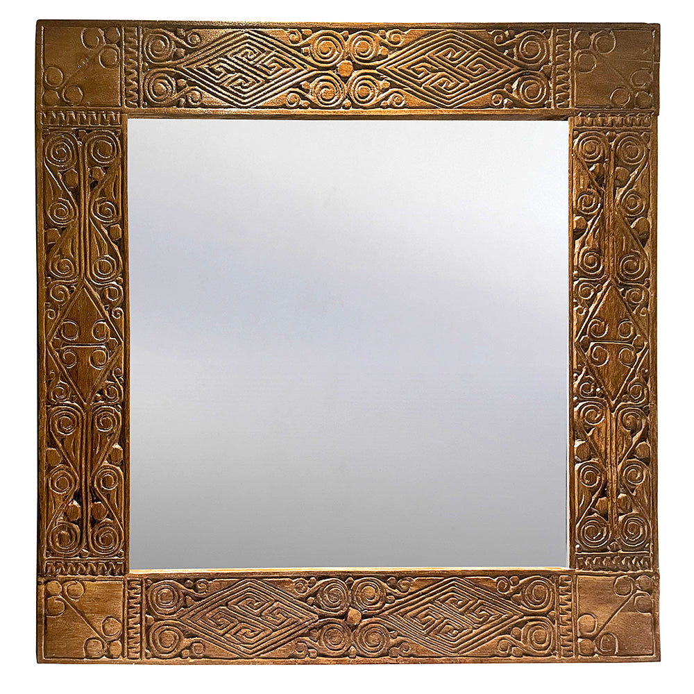Hand Carved Mirror "Dili" - Natural brown