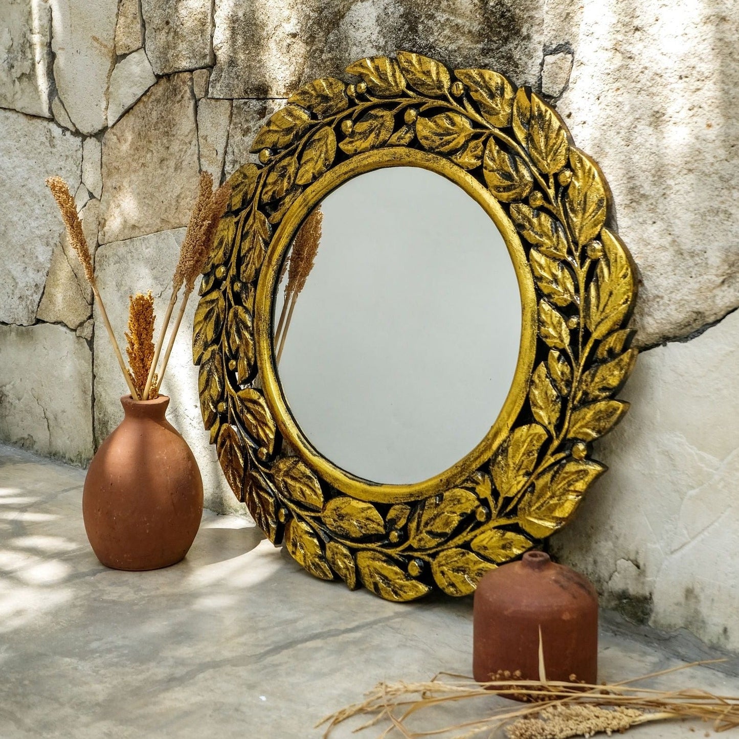 Hand Carved Mirror "Surya" in Gold Wash - 70 cm