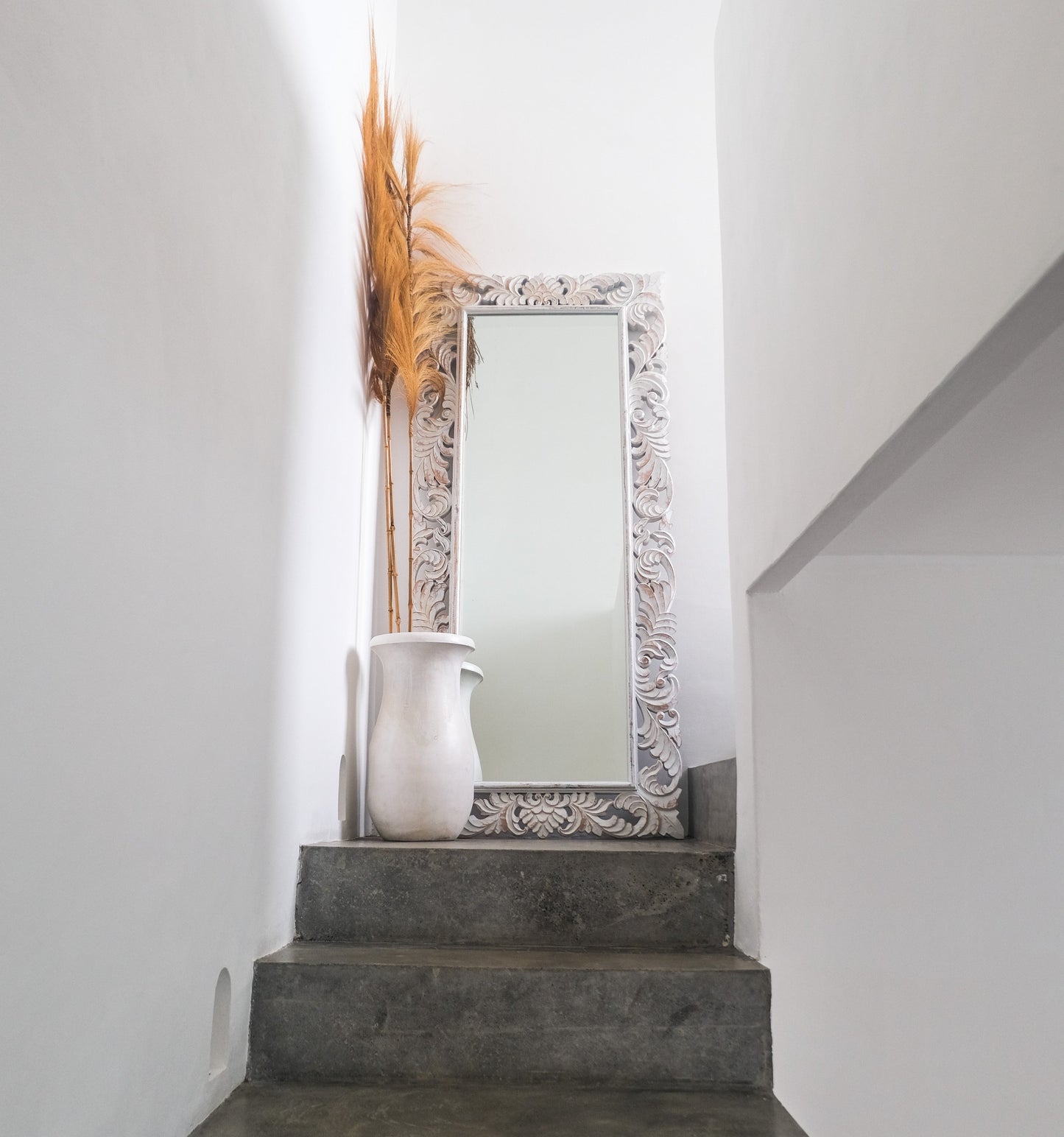 Hand Carved Mirror "Pelangi" in White Wash - 180 cm