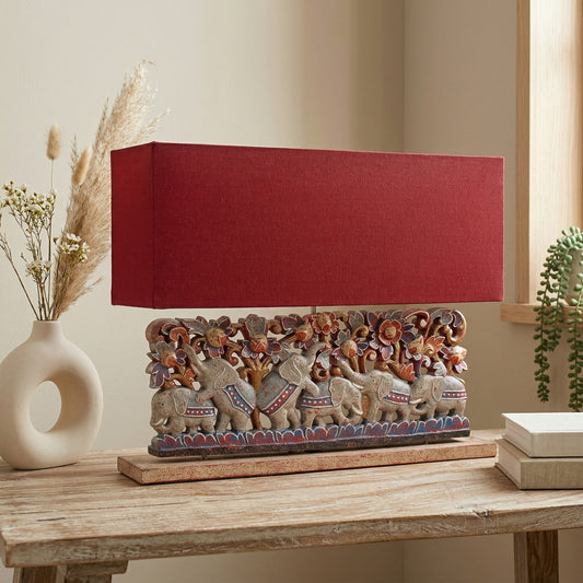 Carved Table Lamp '6 Elephants' - Multicolor Red