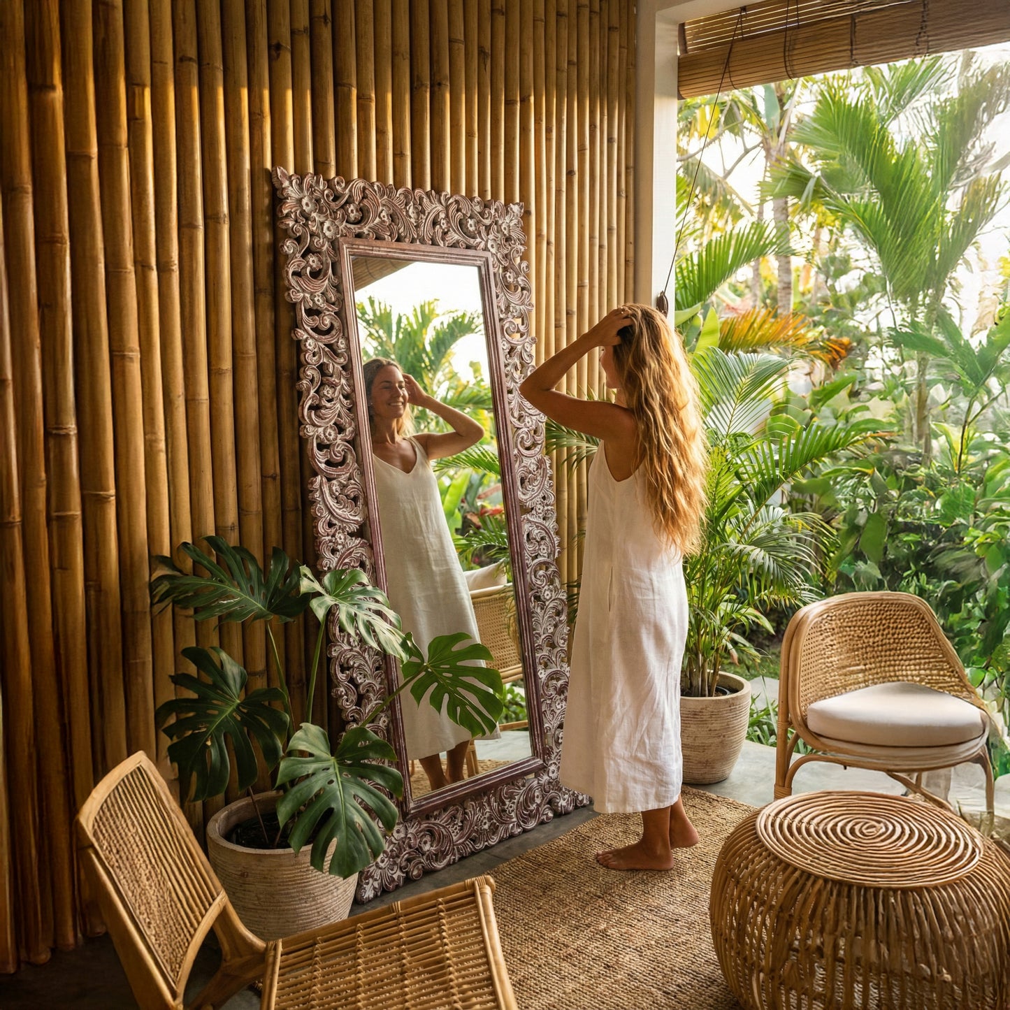 Hand Carved Mirror "Agung" Brown Wash - 180 cm