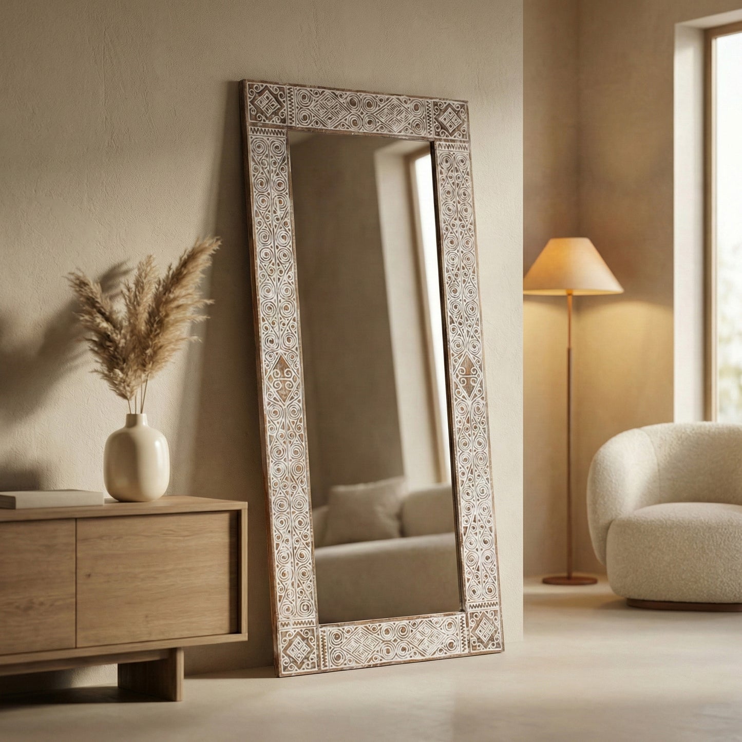 Hand Carved Mirror "Ainaro" - White Wash - 180 x 80 cm