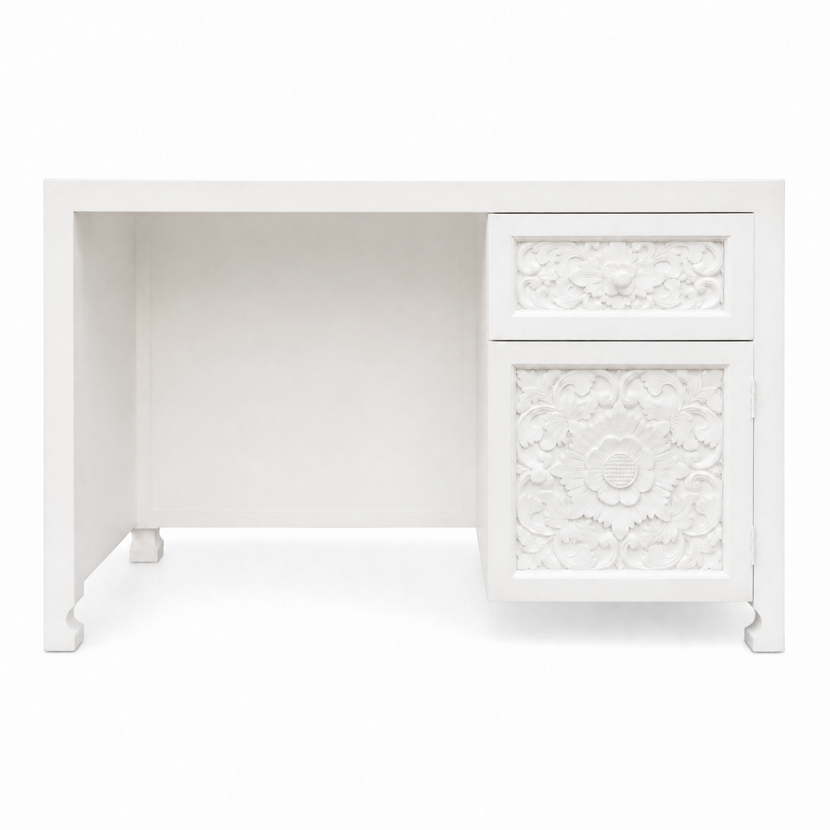 Carved Teak Working & Studying Table 'Alba' - White - 120 x 80 cm