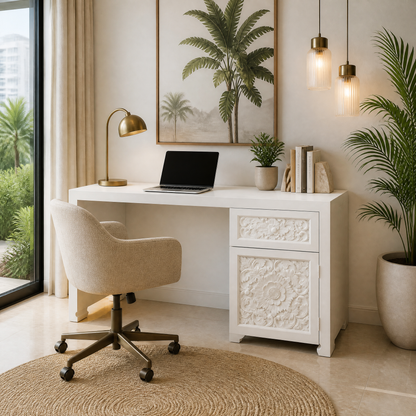 Carved Teak Working & Studying Table 'Alba' - White - 120 x 80 cm