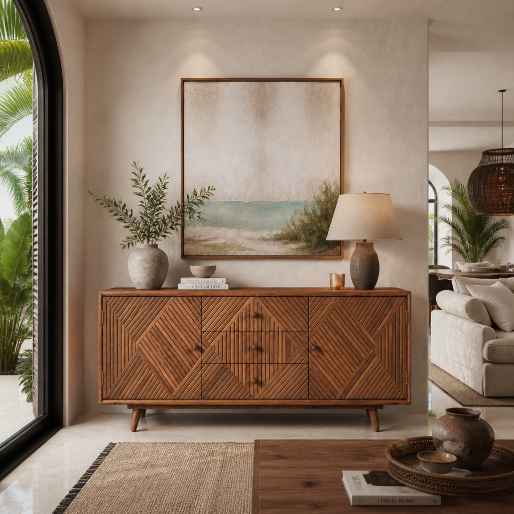 A mid-century modern wooden sideboard with geometric carved paneling, styled in a warm, neutral-toned living room under a framed landscape painting.