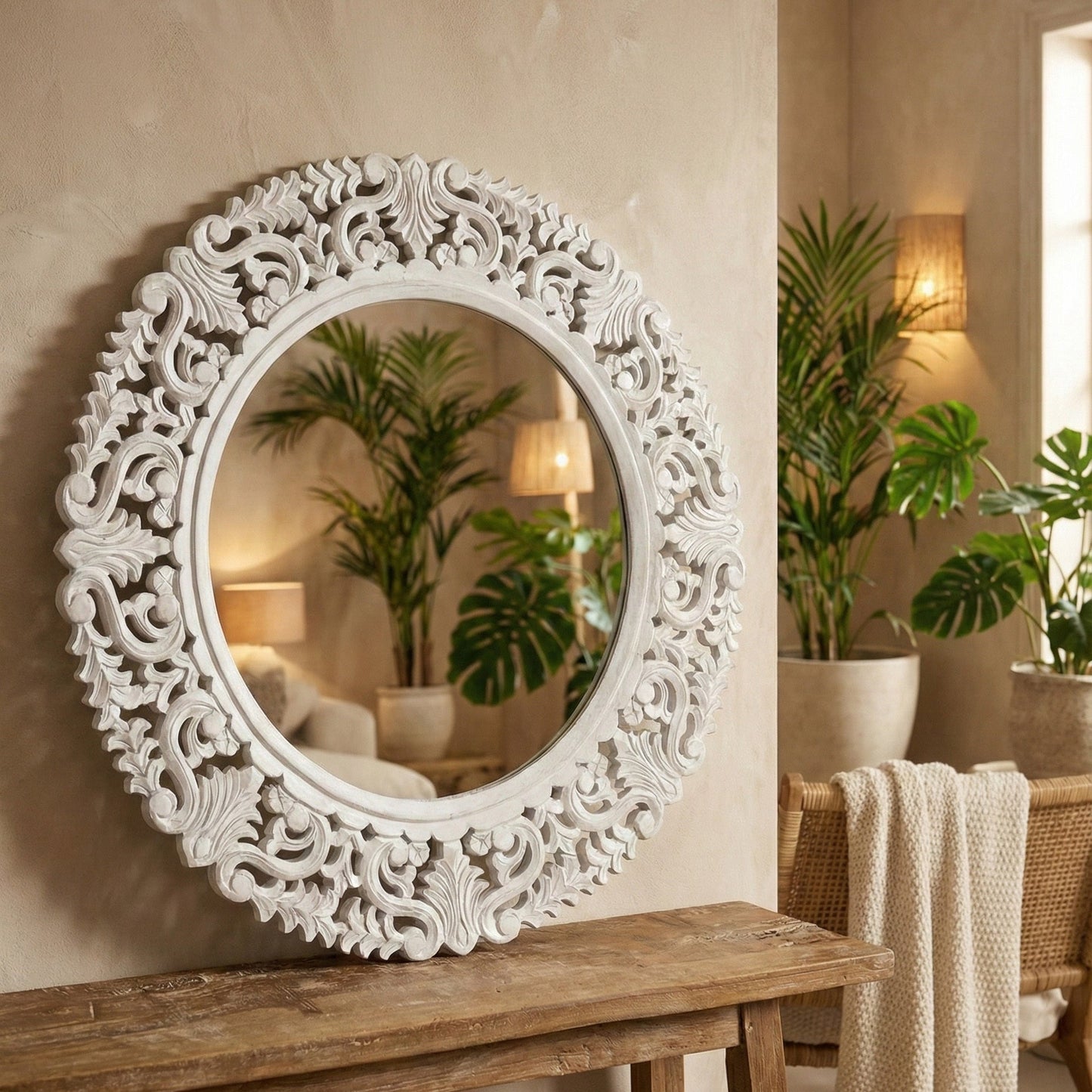 Hand Carved Mirror "Amed" White Wash - 70 cm