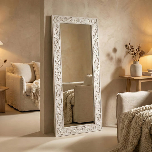 Hand Carved Wooden Mirror "Asmara" in White - 150 cm