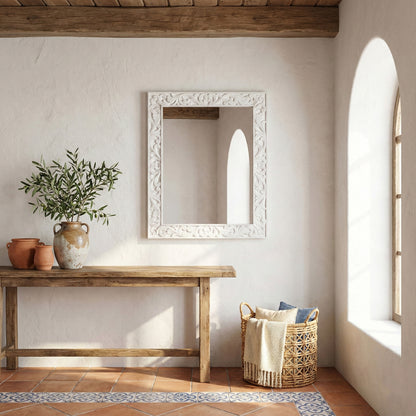 Hand Carved Mirror "Asmara" in White - 90 cm