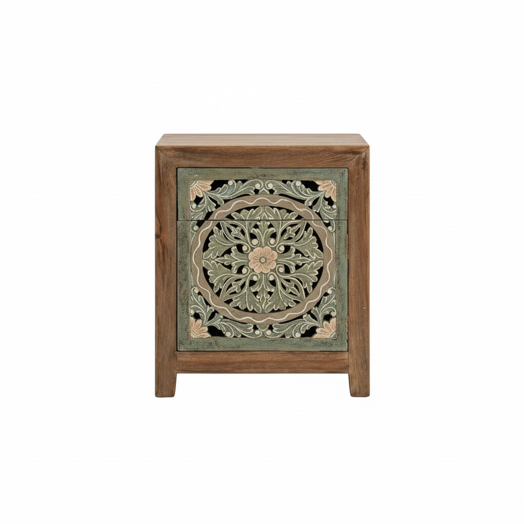 Wooden Carved Bedside Table 'Sekar' - Natural and Multicolor Green