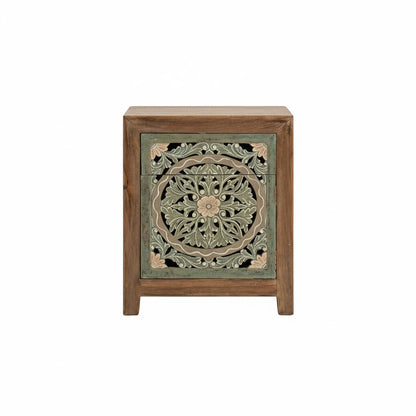 Wooden Carved Bedside Table 'Sekar' - Natural and Multicolor Green