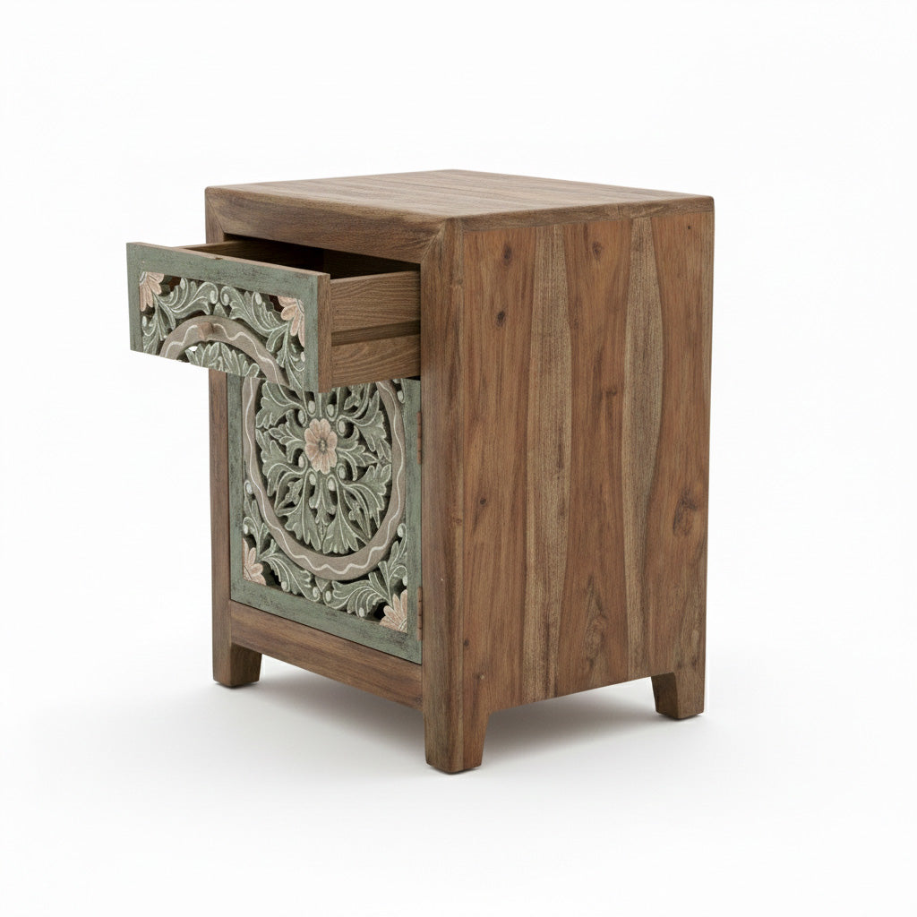 Wooden Carved Bedside Table 'Sekar' - Natural and Multicolor Green