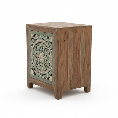 Wooden Carved Bedside Table 'Sekar' - Natural and Multicolor Green