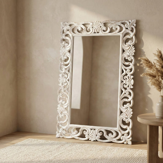 Hand Carved Mirror "Bimasakti" White Wash - 150 cm