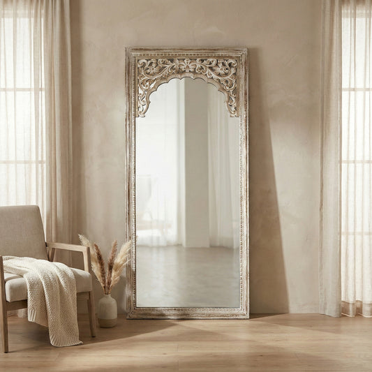 Hand Carved Mirror "Cahaya" in antic wash - 150 cm