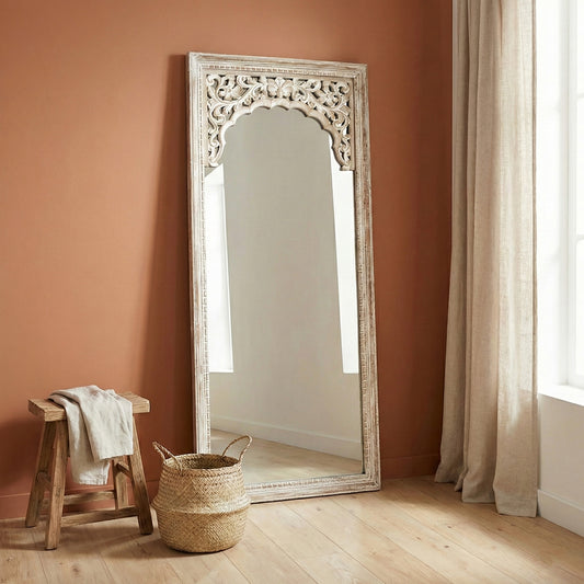 Hand Carved Mirror "Cahaya" in antic wash - 180 cm