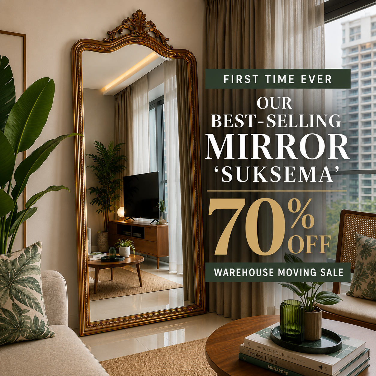 Hand Carved Mirror "Suksema" in Brass Antique Gold - 200 x 90 cm