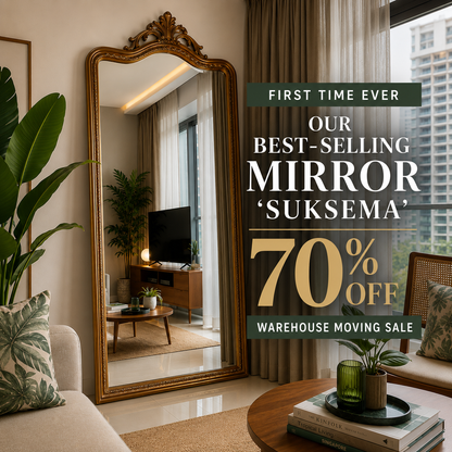 Hand Carved Mirror "Suksema" in Brass Antique Gold - 200 x 90 cm