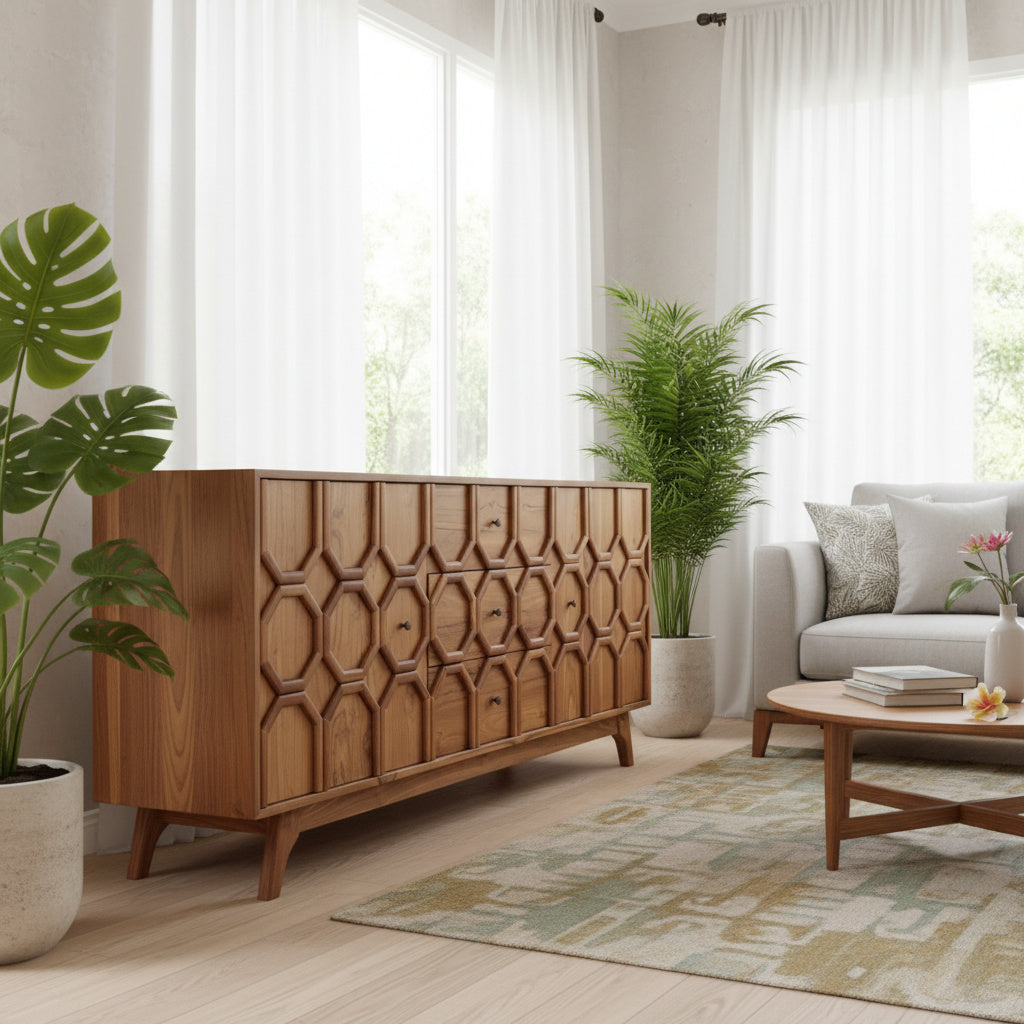 Wooden Carved Sideboard Console Cabinet "Selong" - Natural - 180 cm