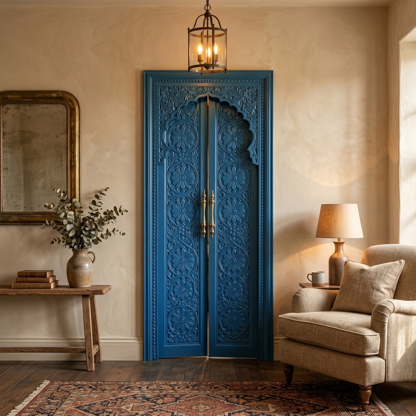 Wooden Hand carved Door 'Tirta' - Teak Wood in Indigo Blue - 213 x 90 cm