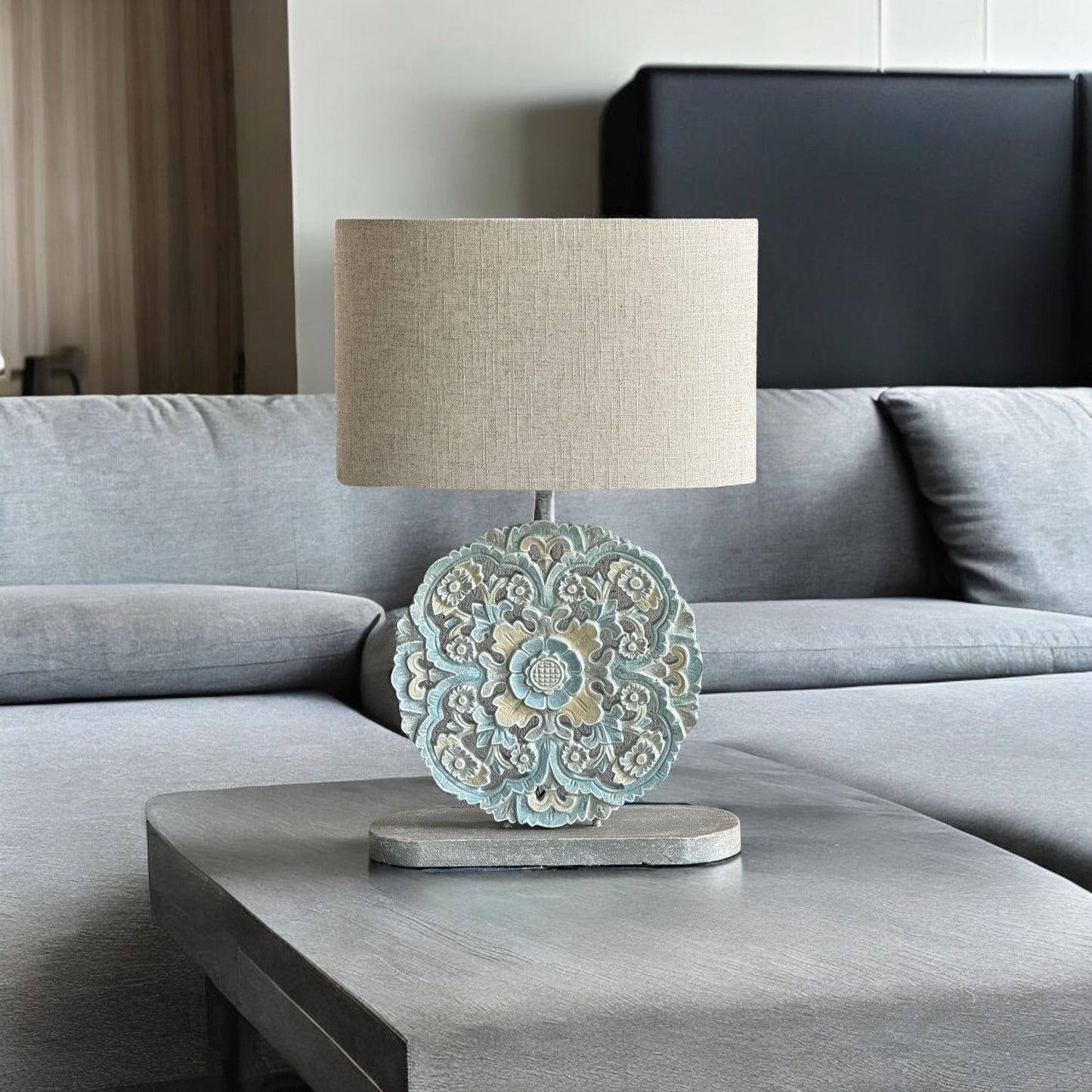 Carved Table Lamp 'Diya' - Pastel Blue