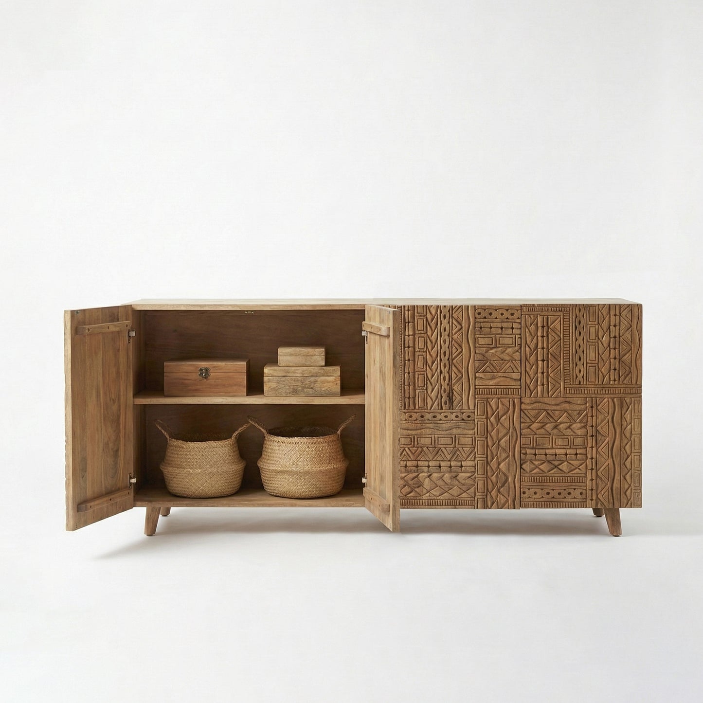 Wooden Carved Sideboard Console Cabinet "Nusantara" - Natural - 180 cm