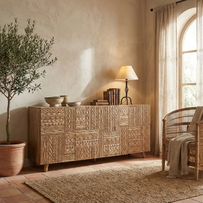 Wooden Carved Sideboard Console Cabinet "Nusantara" - Natural - 180 cm