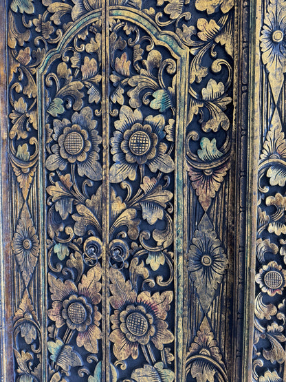 Teak Wooden Hand Carved Balinese Door 'Gianyar' in Black Gold Antique Wash - 210 x 100 cm