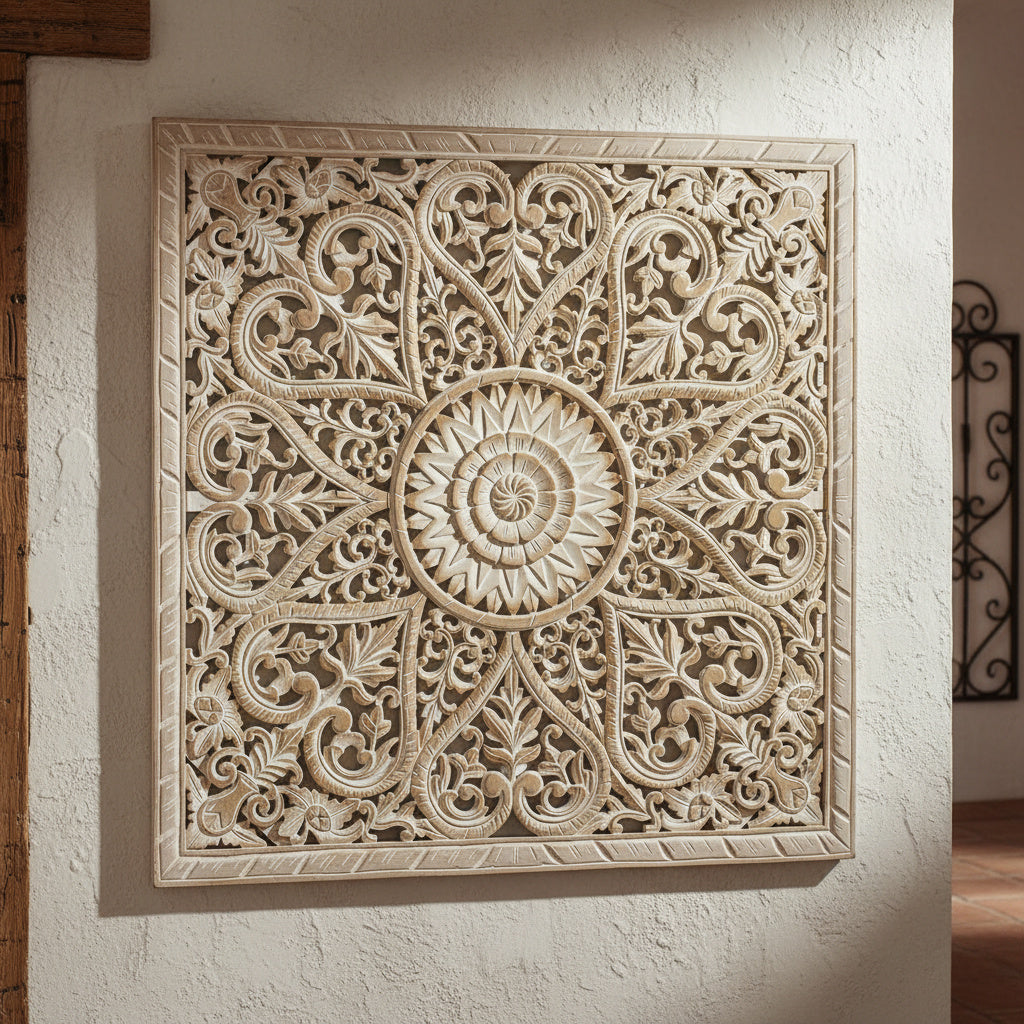 Carved Decorative Panel "Jantung" - Antic Wash & White - 100 x 100 cm