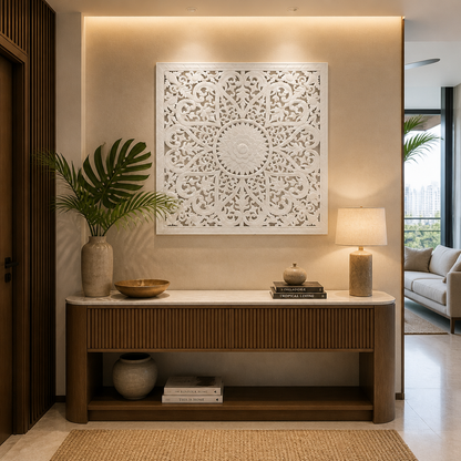 Carved Decorative Panel "Jantung" - Antic Wash & White - 100 x 100 cm