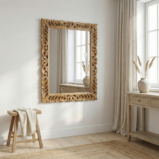 Hand Carved Mirror "Jelita" Natural Brown - 90 cm