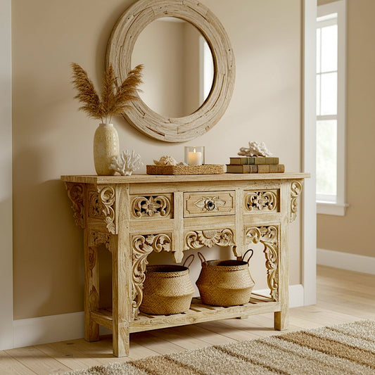 Wooden Carved Console Table "Kaleena" - Natural - 120 cm