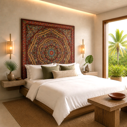 Carved Bed Headboard 'Malawi' - Multicolour Red