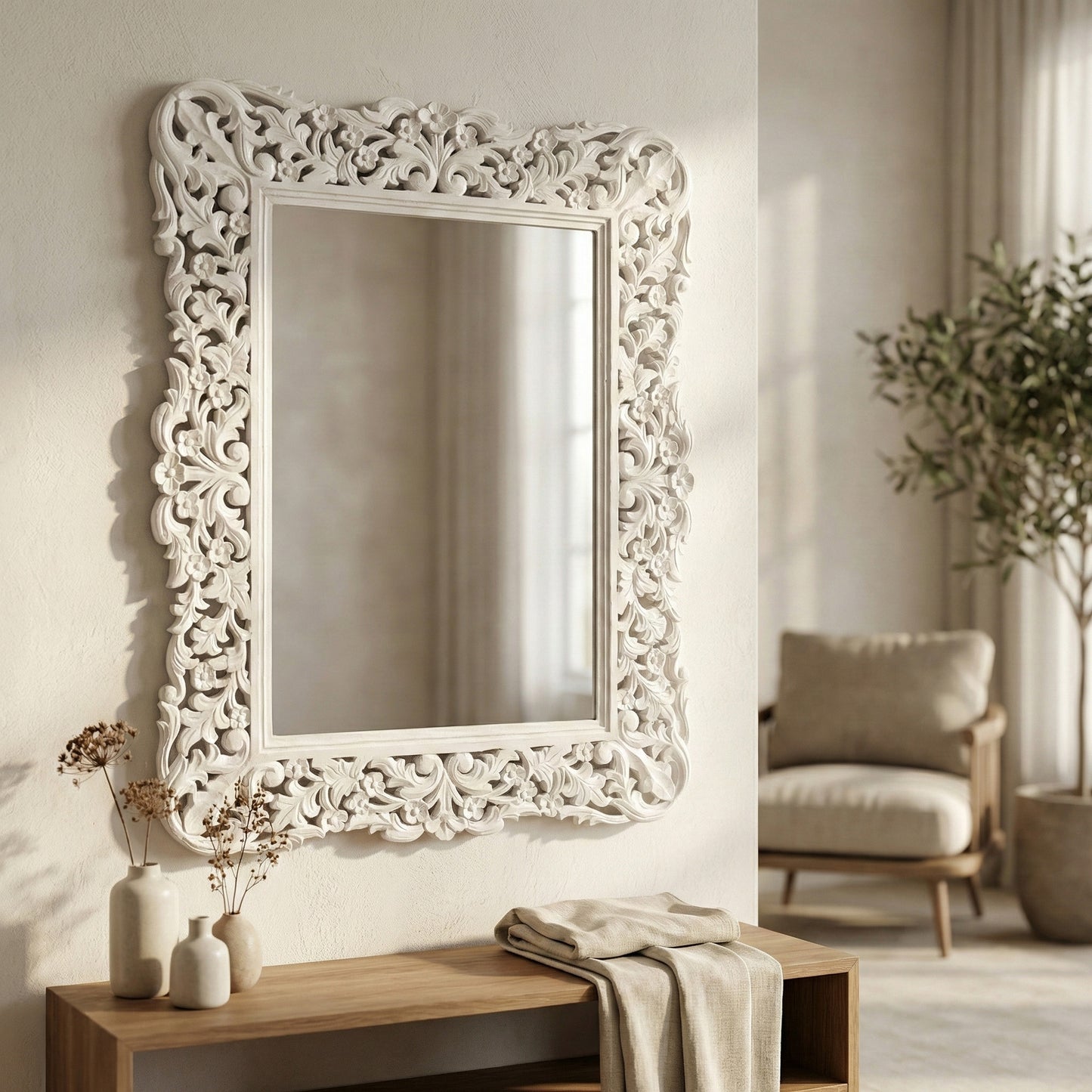 Hand Carved Mirror "Medewi" - White - 90 cm
