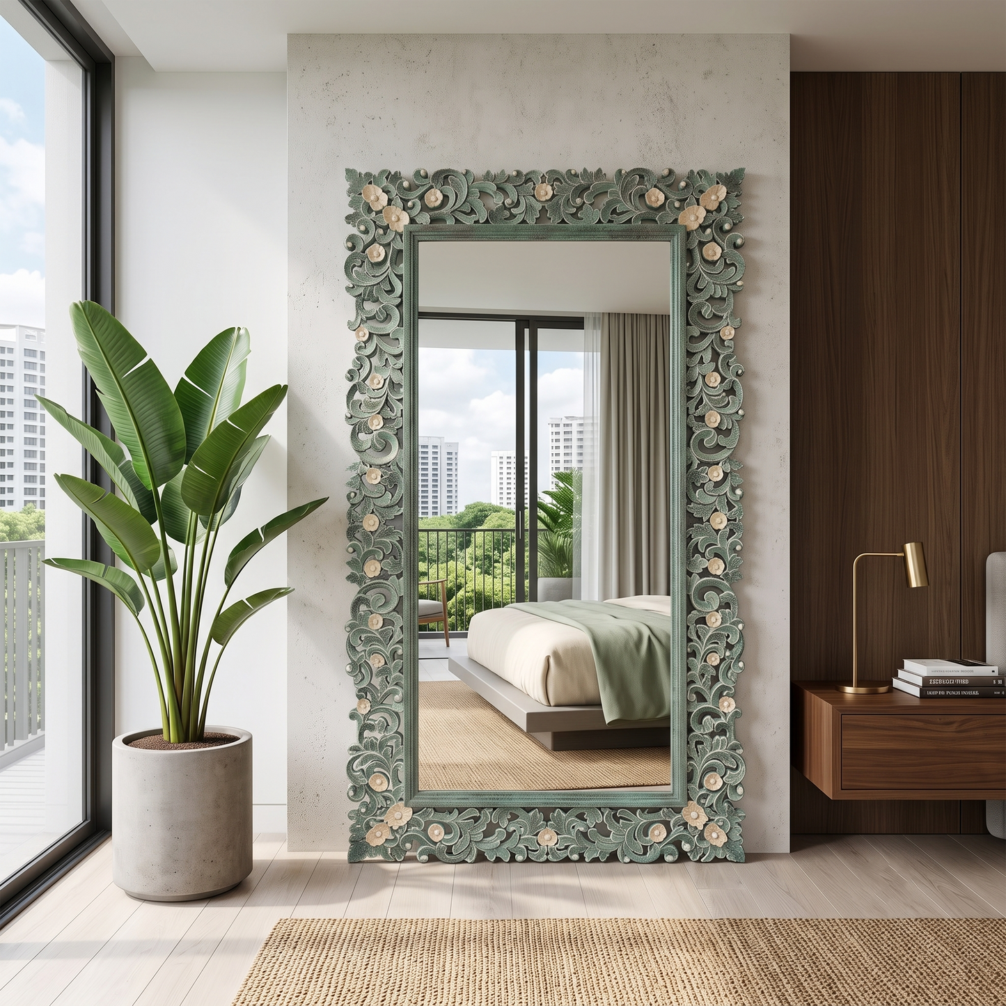 Hand Carved Mirror "Agung" - Green - 180 x 100 cm