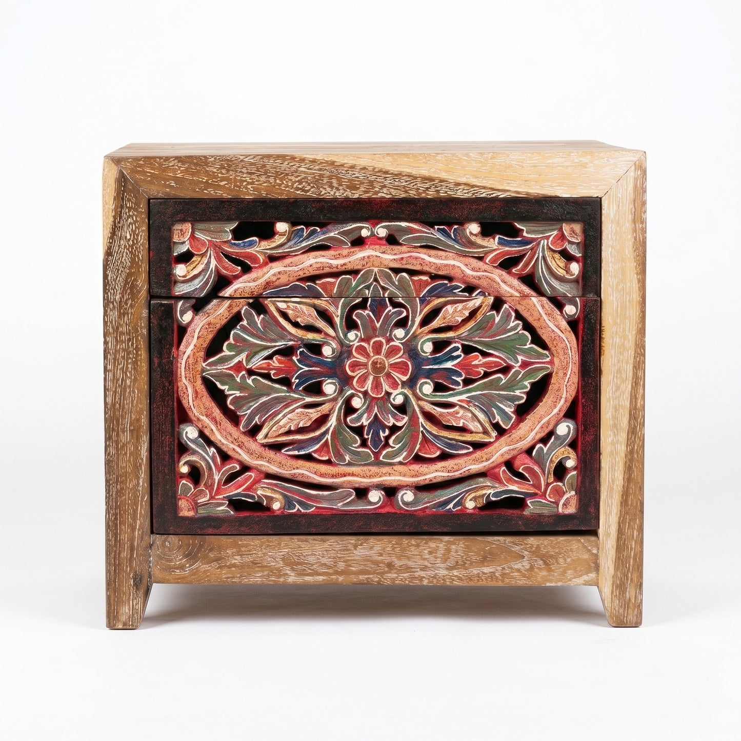 Wooden Carved Bedside Table 'Sekar' - Natural and Multicolor Red - 50cm