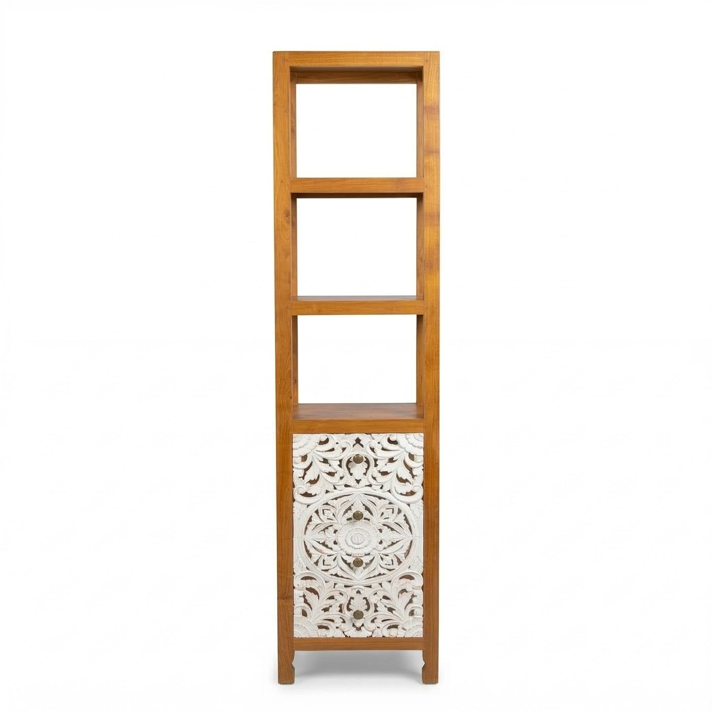 Teak Wood Hand-Carved Tall Display Shelf Cabinet with Drawers 'Mahesa' – 180 cm - Natural & White