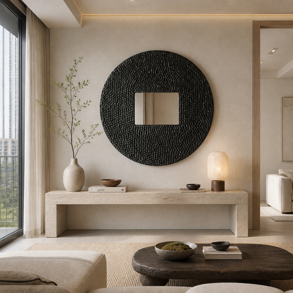 Wooden Round Sculptured Mirror "Pariaman" - Black - 80 cm