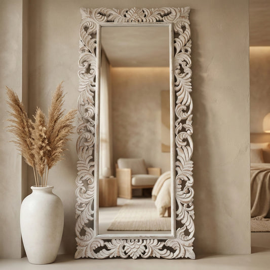 Hand Carved Mirror "Pelangi" in White Wash - 180 cm
