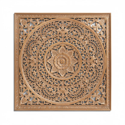 Carved Decorative Panel "Peony" - Natural Brown - 120 cm